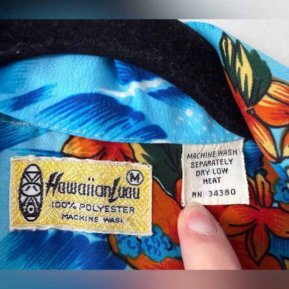 Vintage 70s Authentic Hawaiian Luau Shirt Mens M Hibiscus Floral Ocean Blue - Picture 10 of 15